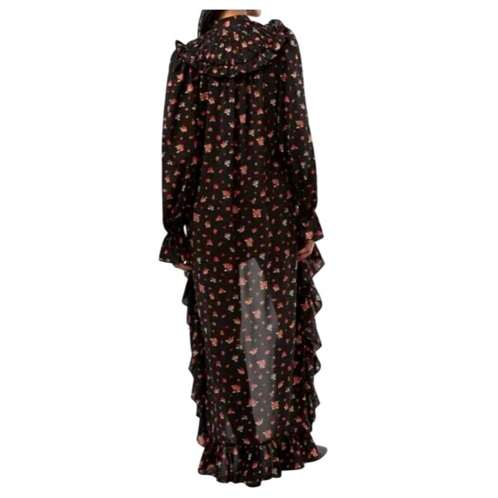 High Low Ruffle Dress Black Multi Floral Chiffon Long Sleeve Detachable Slip M - Picture 4 of 8